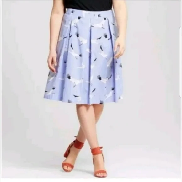 Who What Wear blue & white striped pleated midnskirt SZ 16 A-line w/crane bird - Picture 3 of 11